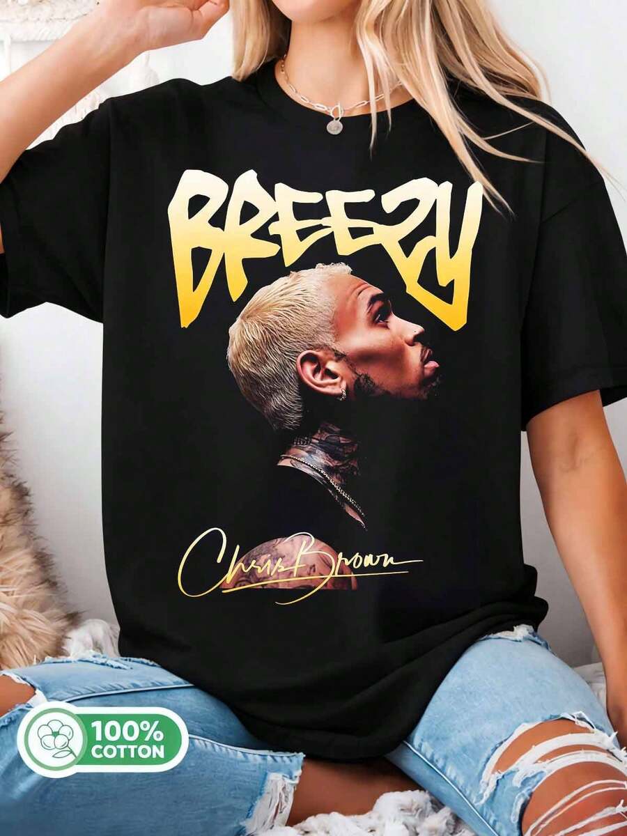 Breezy Signature Portrait Graphic Tee, Black Cotton T-Shirt, R&B Fan Merch - Black - View 1
