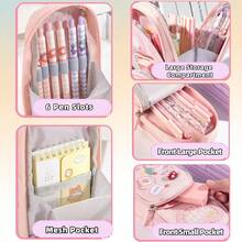 Estuche para lápices de gran capacidad y color rosa kawaii - Organizador de papelería con 3 compartimentos lindos para guardar útiles escolares, de oficina y de viaje | Regalo ideal para niñas y amantes del arte - Multicolor - Ver 5