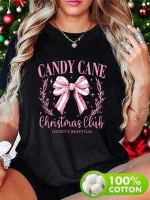 [Plus Size Women's Clothing] Fashionable Casual Round Neck T-Shirt With "Candy Bar Christmas Club" Print, Adorned With Bows And Crown Motifs, Ideal For Plus Size Women In Spring, Summer And Autumn. - 黑色 - 查看 6