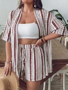 VCAY Conjunto de 2 piezas de camisa y shorts a rayas azules y blancas para mujer de talla grande, ropa de verano para vacaciones en la piscina, estilo boho chic, ropa de mujer, conjuntos para brunch, ropa para el aeropuerto, ropa para vacaciones en la playa, ropa para escapadas urbanas, ropa de vacaciones, ropa occidental para mujer, ropa occidental para mujer, conjuntos de verano europeos para vacaciones en la isla, conjuntos para luna de miel, conjuntos de estilo Old Money South Beach, conjuntos de la  de Amalfi, conjuntos de encaje, top de encaje. - Multicolor 2 - Ver 4
