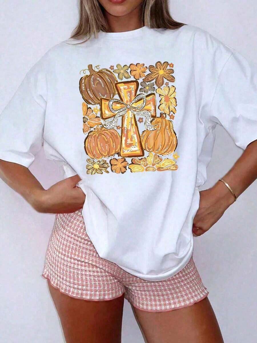 Plus Size Graphic T-Shirts - Plus Size - Plus Size Short Sleeve - Thanksgiving, Pumpkin - Women's Printed T-Shirt For Spring And Summer, A Fashion Item With A Classic Crew Neck Design 100% Cotton - 白色的 - 查看 1
