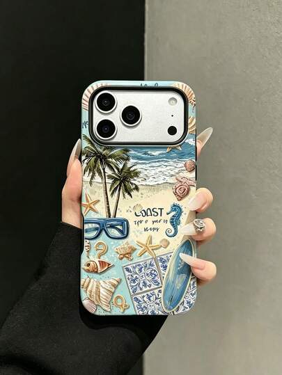 1 Stück neuer Ozean-Collage-Muster glänzender 2-in-1 Hartschalen-Handyhülle, geeignet für iPhone 17 Pro Max/17Pro/17e/16e/16 Pro Max/15 Pro Max/14 Pro Max/13Pro/12/11/XR/XS Max/7/8, hochwertiger interessanter Handyfall, elegantes Design, geeignet für Urlaub, Abschluss, Rückkehr zur Schule, hohe Optik, Ins-Stil, täglicher Pendlerverkehr, Outdoor, Sommer Mode Handyhülle, hervorragendes Geschenk für Freunde