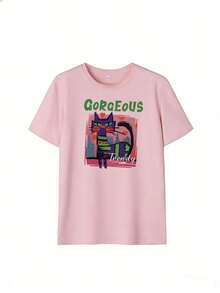 Purple Cat T-Shirt With Art Style And "Gorgeous" Text, Fashionable Short-Sleeve T-Shirt For Spring/Summer 2026, Made In Mexico, 180 Grams. Cartoon Print, Couple Design, Suitable For Indoor Or Outdoor Wear. Crew Neck, Unisex, Ideal For Office And Leisure. One-Pack. - PK-P631577SLNDXZGY612 - 查看 2