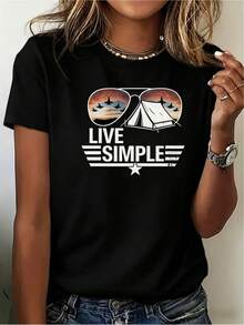 Women's Casual Sports T-Shirt In Black With VIVE SIMPLE Graphic - Elastic Crew Neck T-Shirt, Machine Washable, Comfortable Fit For All Seasons, Perfect To Pair With Denim Jeans And Wear On Any Occasion. - 黑色 - 查看 6