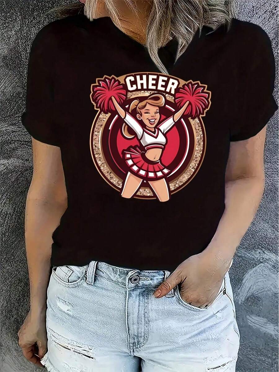 | Exquisite Design | Loose And Comfortable | Easy To Match | Women's Cheerleader Print T-Shirt - Cartoon Cheerleader Design With A Ball, Soft And Stretchy Round Neck, Casual Short Sleeves For Summer, Cheerleader Clothing For Sports And Everyday Wear, Cheerleader Outfit. - 黑色 - 查看 1