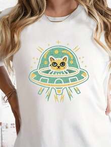Casual Short Sleeve T-Shirt With Alien Cat Print For Spring And Summer, Women's Clothing, Round Neck, 100% Cotton, Soft Fabric, Short Sleeve - 白色 - 查看 1