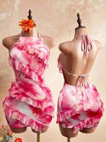 2026 Nuevo vestido de mujer con escote sexy, estampado floral y cuello halter, con diseño de volantes en el borde, estilo Y2K revival, estilo dulce y picante, look de vacaciones, para adultos jóvenes, tela transparente, ajuste ceñido, ligero.Adec - Rosa Pálido - Ver 8
