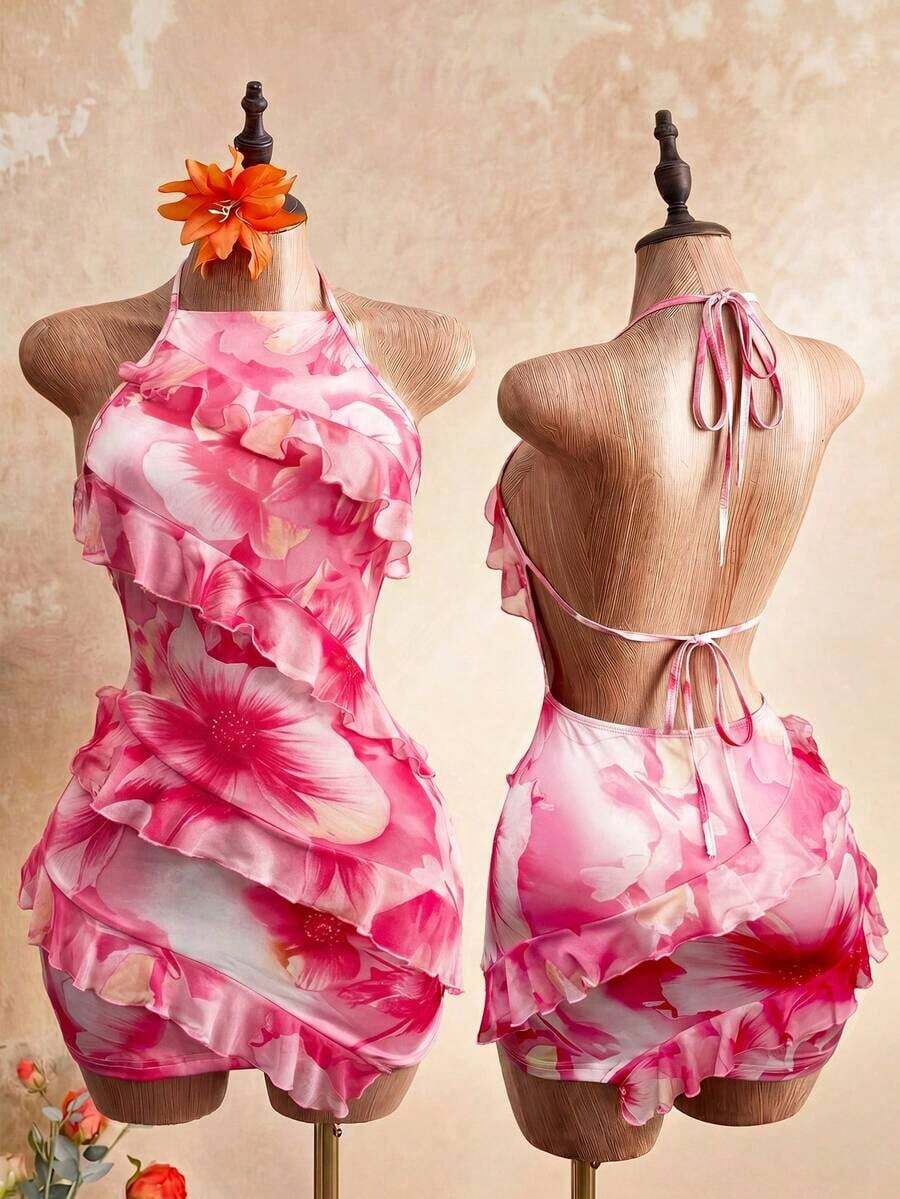 2026 Nuevo vestido de mujer con escote sexy, estampado floral y cuello halter, con diseño de volantes en el borde, estilo Y2K revival, estilo dulce y picante, look de vacaciones, par - Rosa Pálido - Ver 1