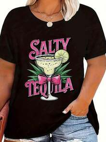 1 Piece Of Women's Oversized Graphic Print T-Shirt, Retro Style With Tequila Print - Crew Neck, Short Sleeves, Regular Length - Perfect For Casual Wear In Spring And Summer, Made Of Low-Stretch Cotton Fabric. Soft. - 黑色 - 查看 6