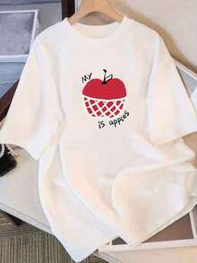Limited Time Offer, Limited Quantity Available, Flash , Women's Shirts, Women's T-Shirts. Women's Casual T-Shirt - "My NY Is Apples" Print, Loose Fit, Crew Neck, Short Sleeves, White Base With Red And Black Print, Perfect For Spring And Summer, Versatile For Everyday Wear | Fun Print T-Shirt | Comfortable Fit - 白色 - 查看 9