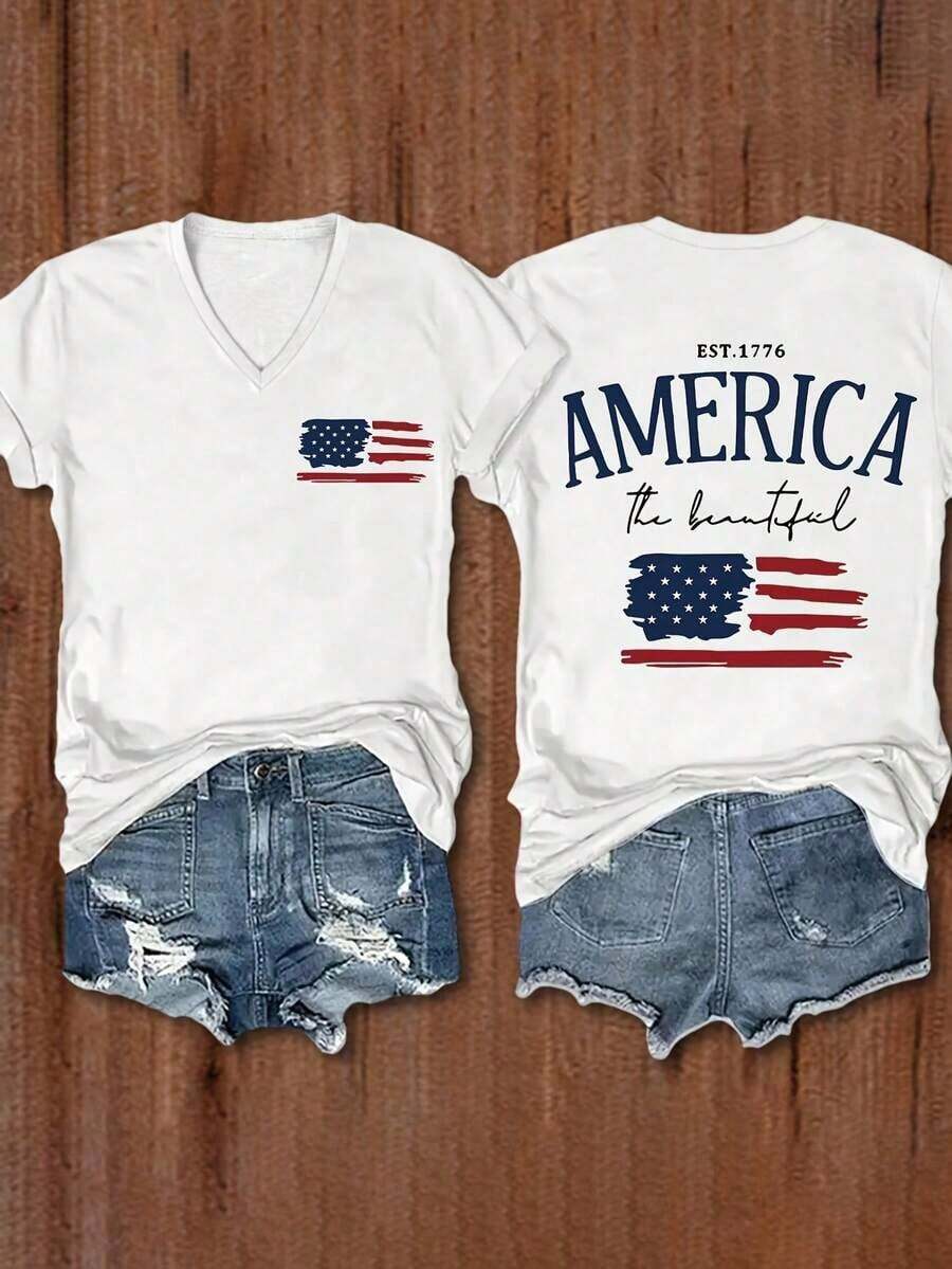 Women's T-Shirt With American Patriotic Flag And "Beautiful America" Print - Double-Sided Print, Breathable Viscose Fiber, Casual Loose Fit For Spring/Summer, American Flag T-Shirt, Breathable Fabric, Vintage Style - 白色 - 查看 1
