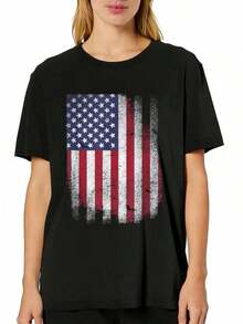 Camiseta de manga corta para mujer, informal, con estampado de la bandera de EE. UU. para el 4 de julio, rojo, blanco y azul con estrellas y rayas, diseño gráfico de 4 estrellas, cómoda para atuendos casuales y elegantes, ligera y transpirable, lavable a máquina, corte regular, cuello redondo. - Negro - Ver 2