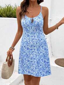 Vestido corto casual sin mangas con estampado floral pequeño para vacaciones y playa - Azul menta - Ver 3