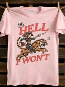 Ropa de Vacaciones para Mujer: Camiseta de Vaquera "The Hell I Won't" para Mujer – Camiseta de Cuello Redondo con Gráficos Retro de Motociclista y Tatuaje Western, Top Casual Estilo Wild Western. Esta es una camiseta de manga corta para mujer, suave, agradable al tacto, versátil y de puro algodón, adecuada para el uso diario, ocasiones informales y ropa deportiva. Es una camiseta de algodón puro para mujer, holgada, cómoda y deportiva, ideal para primavera/verano, perfecta como capa base. Holgada y cómoda, ideal para las vacaciones de verano de las mujeres. - Rosa - Ver 1