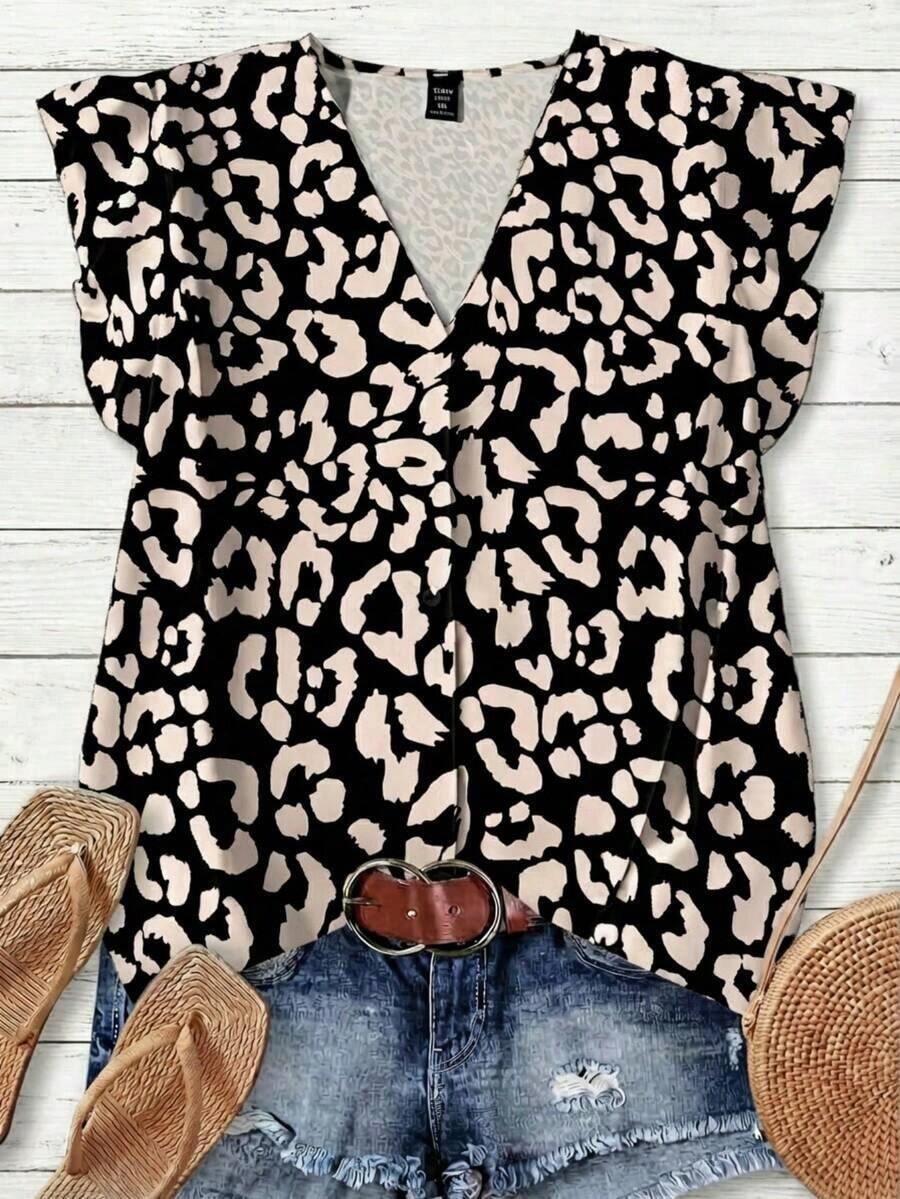 Blusa casual con estampado de hojas para mujer, azul marino, adecuada para el verano - Multicolor 2 - Ver 1