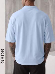 GRDR 男士夏季半拉鍊 Polo 領短袖 T 恤，純色經典款，適合戶外休閒穿著 - 淺藍色 - 查看 7