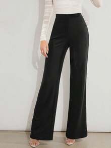 Pantalones de pierna ancha unicolor de talle alto - Negro - Ver 6