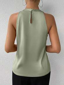 Privé Blusa de satén sin mangas con cuello de volantes de unicolor elegante para la oficina y el trabajo, color champán - Verde - Ver 2