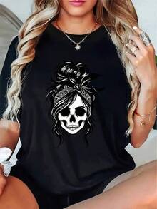 1pc Camisetas Para Mujer T-shirt única y moderna con diseño de mujer en estilo Y2K perfecta para resaltar tu personalidad y estilo en cualquier ocasión ideal para jóvenes y amantes de la moda disponible en tallas variadas y colores vibrantes para un look fresco y atrevido Camiseta De Manga Corta De Algodón - Negro - Ver 6