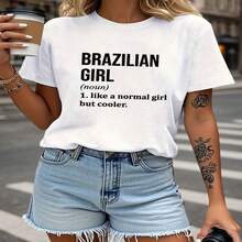 Camiseta casual linda de manga regular de algodón con cuello redondo para mujer con estampado de definición de chica brasileña - Blanco - Ver 1