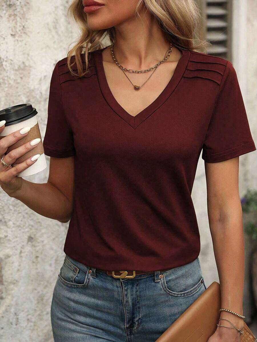 Camiseta de manga corta de unicolor con cuello en V, de uso versátil y casual para uso diario de la mujer - Burdeos - Ver 1
