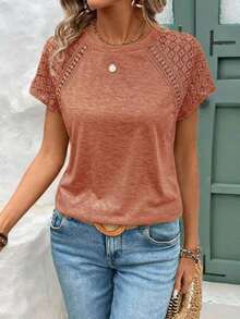 Elegante Camiseta Ajustada Con Patchwork De Encaje Y Manga Corta - Marrón - Ver 7