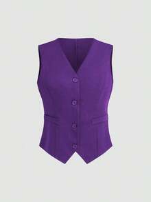 Chaleco minimalista de unicolor con cuello en V, sin mangas y con botones delanteros - Morado - Ver 1