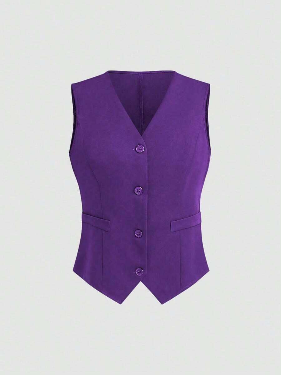 Chaleco minimalista de unicolor con cuello en V, sin mangas y con botones delanteros - Morado - Ver 1
