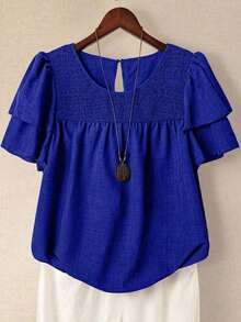 Linhara Blusa casual de verano de talla grande para mujer, de unicolor, cuello redondo, manga corta de doble capa, plisada, de moda versátil para vacaciones - azul real - Ver 1