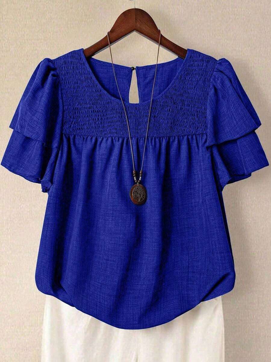 Linhara Blusa casual de verano de talla grande para mujer, de unicolor, cuello redondo, manga corta de doble capa, plisada, de moda versátil para vacaciones - azul real - Ver 1