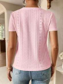 Camiseta blanca de cuello redondo con bordado de ojales, minimalista para ir a la oficina, estilo antiguo y sencillo - Rosa Pálido - Ver 2