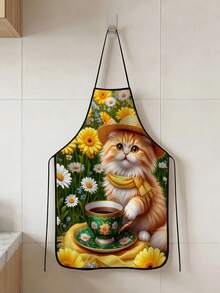 1 pieza, Delantal de poliéster con diseño de gato cocinero y girasol, adecuado para cocinar, hornear y jardinería - se puede usar como atuendo para la cocina y el comedor - Multicolor - Ver 21