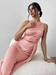 plisado con volante de un solo hombro para mujer, adecuado para fiestas, bailes, vestidos de noche, elegante, banquetes, citas, sexy, fiestas de cóctel, ceremonias de graduación - Rosa - Ver 2
