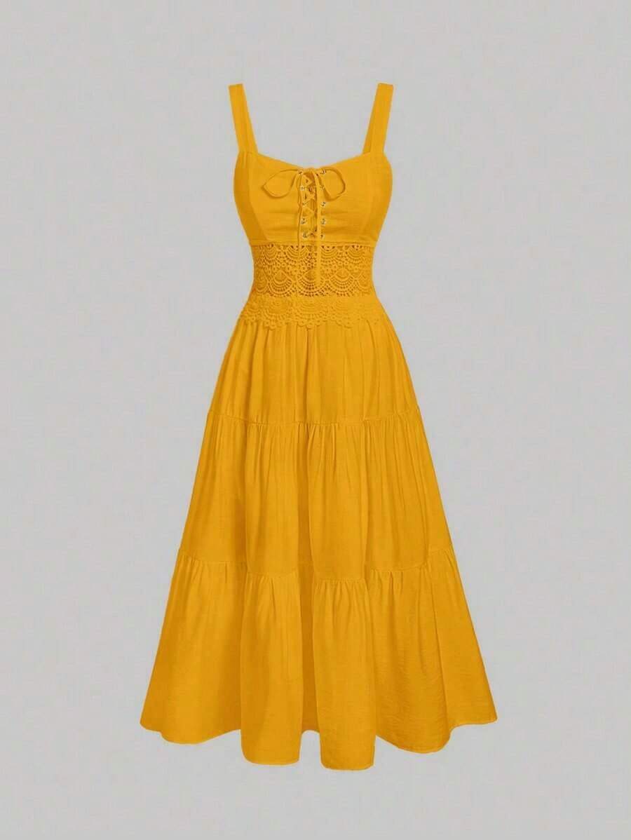 MOD Vestido de tirantes unicolor con cordón bajo con fruncido - Amarillo - Ver 1