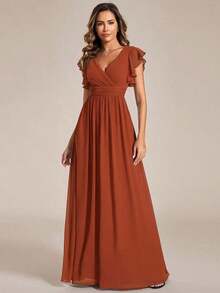 Vestido de dama de honor de gasa, diseño con escote en V plisado de manga corta, espalda abierta drapeada y bajo asimétrico, adecuado para bodas, uso vacacional, vestido de madre de la novia en primavera - Naranja Quemada 2 - Ver 2