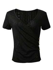 Camiseta casual de mujer de manga corta, cuello en V, fruncida y ajustada de unicolor - Negro 2 - Ver 5