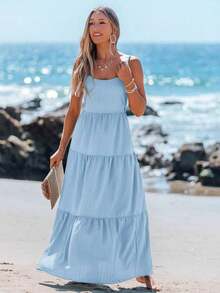 Vestido casual sin mangas con lazo para primavera y verano, atuendos de verano para mujer, vestidos de verano para mujer, atuendos de vacaciones, vestido de playa de verano para mujer, vestido de vacaciones estilo boho y fairycore, vestido sin esp - Celeste - Ver 2