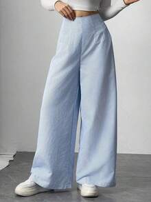 Pantalones anchos de cintura alta y pierna ancha para mujer, color azul, adecuados para la playa, el aeropuerto, de estilo modesto - Azul y blanco - Ver 3