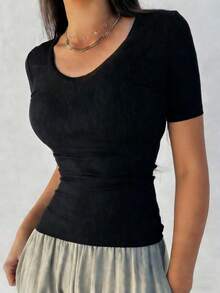 Camiseta de mujer de ajuste ceñido con cuello en U, ropa de otoño con mangas largas para mujer - Negro 2 - Ver 3