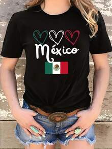 Women's T-Shirt With Graphic Heart And Mexican Flag - High Quality Clothes, Casual Round Neck, Short Sleeve, Opaque White, Machine Washable, Patriotic Summer Fashion - 黑色 - 查看 7