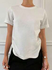 Camiseta casual sencilla de color liso para mujer, uso diario de moda, nueva llegada de otoño - Blanco - Ver 9