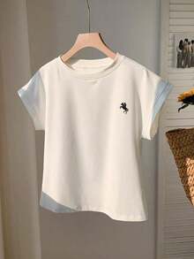 Camiseta de manga corta de cuello redondo de color liso casual de verano - Blanco - Ver 4