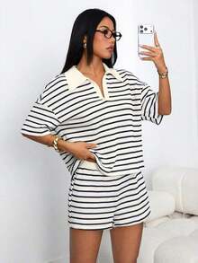 Conjunto de 2 piezas para mujer con camiseta de manga larga de hombros caídos y cuello en V holgada a rayas y pantalones elásticos a la cintura a rayas, conjunto de suéter de invierno, conjunto de salón a rayas de otoño/invierno de 2 piezas para mujer, conjunto casual de 2 piezas a rayas, conjunto cómodo de 2 piezas - Beis - Ver 7