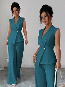 Conjunto de oficina elegante para mujer, compuesto por una chaqueta blazer sin mangas con cuello y bajo asimétrico, con hebilla metálica en la cintura, combinada con pantalones de cintura elástica.Conjunto de 2 piezas elegante para primavera/verano, atuendo formal y de clase para mujer. - Agua verde azul - Ver 9