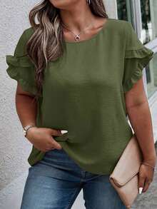 Blusa casual con cuello redondo, mangas con volantes y estampado floral para mujer de talla grande - Verde militar - Ver 1