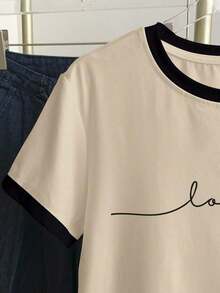 Camiseta de manga corta con cuello redondo, estampado de corazón y ribete de bloques de color para mujer talla grande, verano - Caqui - Ver 4