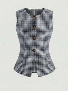 Conjunto de blazer sin mangas y pantalones a cuadros vintage 2026 - Detalles de botones de cintura alta, versátil y elegante conjunto de dos piezas para la oficina casual y las vacaciones - Multicolor 3 - Ver 3