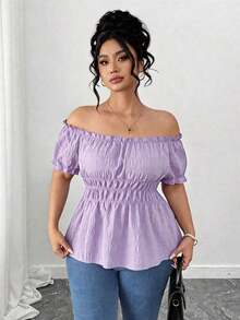 Blusa de manga corta con hombros descubiertos, volantes y estampado de flores de cerezo, de talla grande y diseño elegante.Corte de cintura minimalista y estilizador.Adecuada para el uso diario, citas, salidas y vacaciones. - Morado - Ver 3