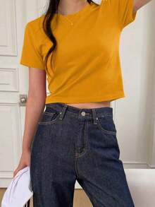 Camiseta de manga corta de unicolor para dama, ideal para verano - Amarillo - Ver 3