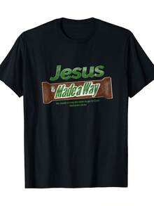 "Leading The Way" Print T-Shirt - Casual Christian Gift For Men, 100% Cotton, Short Sleeve, Crew Neck, Geometric Design, Machine Washable, Casual Crew Neck T-Shirt - 黑色 - 查看 8